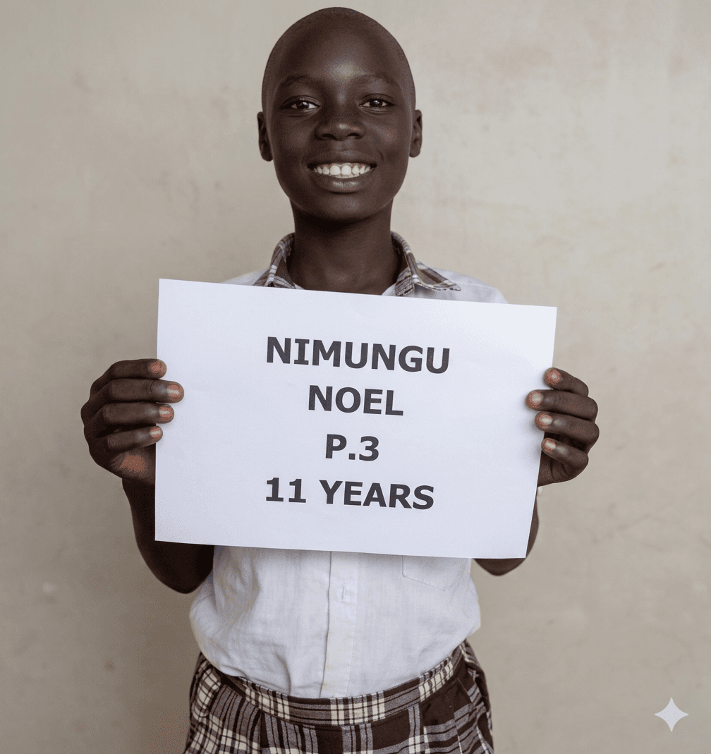 Sponsored student in a school uniform holding a name sign